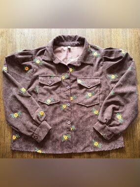Woman’s Corduroy Floral Button-Up Shirt Jacket - Brown Sunflower Stitching